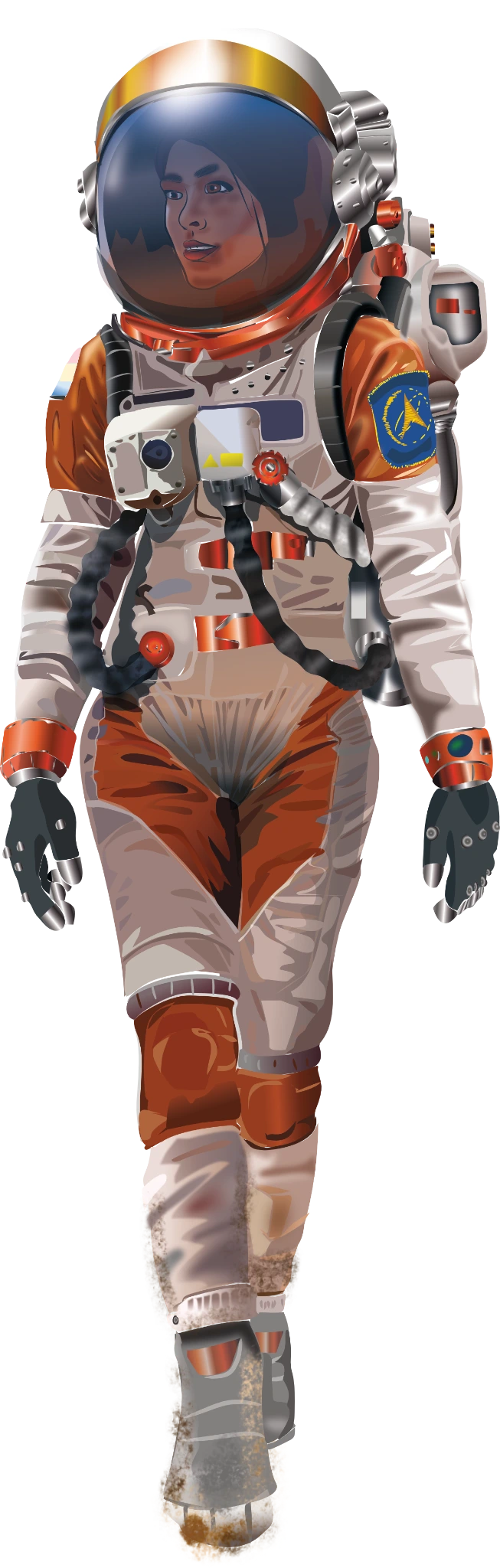 Illustrated astronaut walking through a Martian landscape