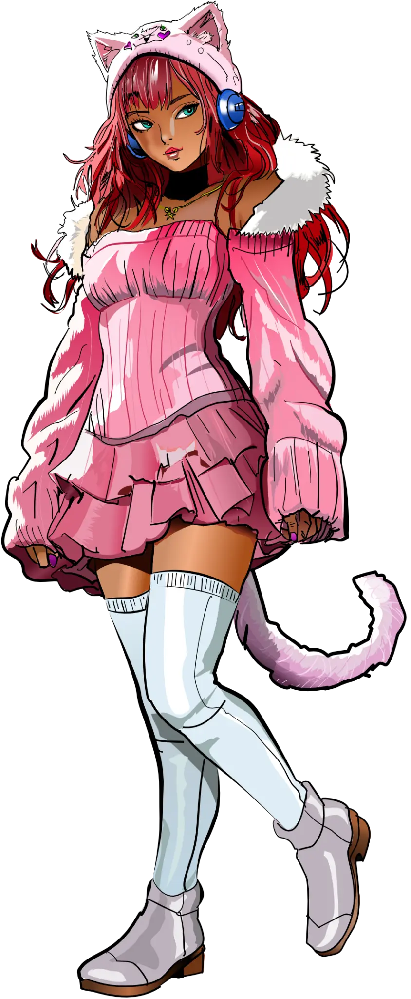 Sci-fi woman wearing a Japanese cat-ear hat and headphones, original artwork by Blue Donut