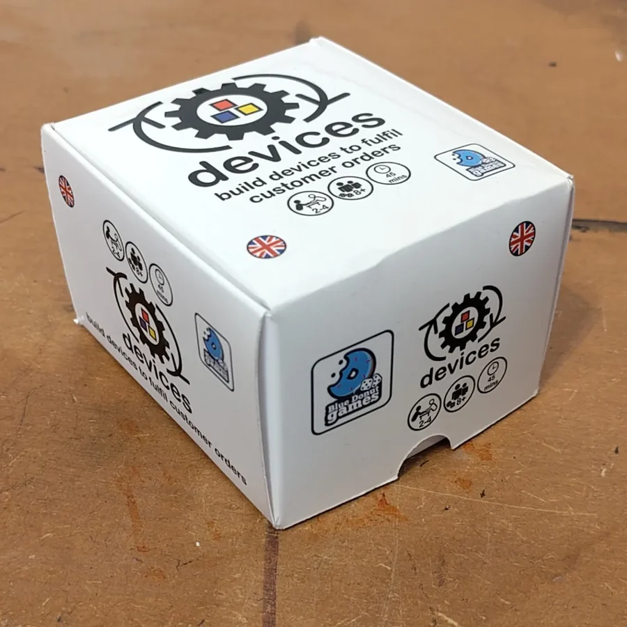 The Devices card game in its manufactured box