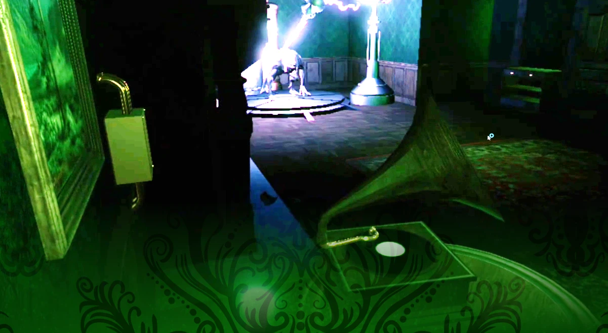 The green-lit Victorian environment developed for Horror in the Library VR